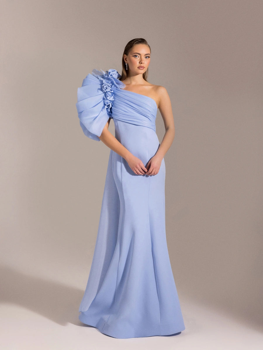 25023-Tek Omuz Çiçek Detaylı Balık Abiye Elbise