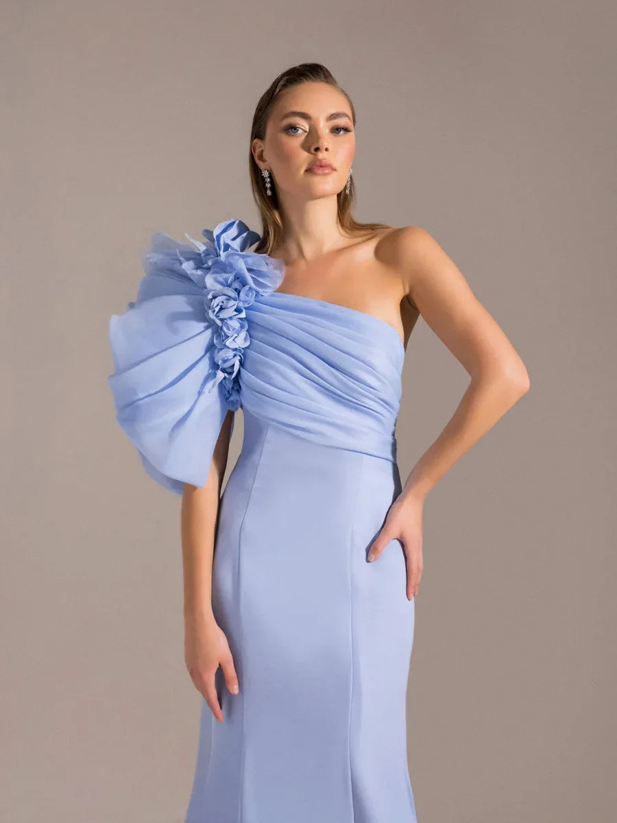 25023-Tek Omuz Çiçek Detaylı Balık Abiye Elbise - Kenzel