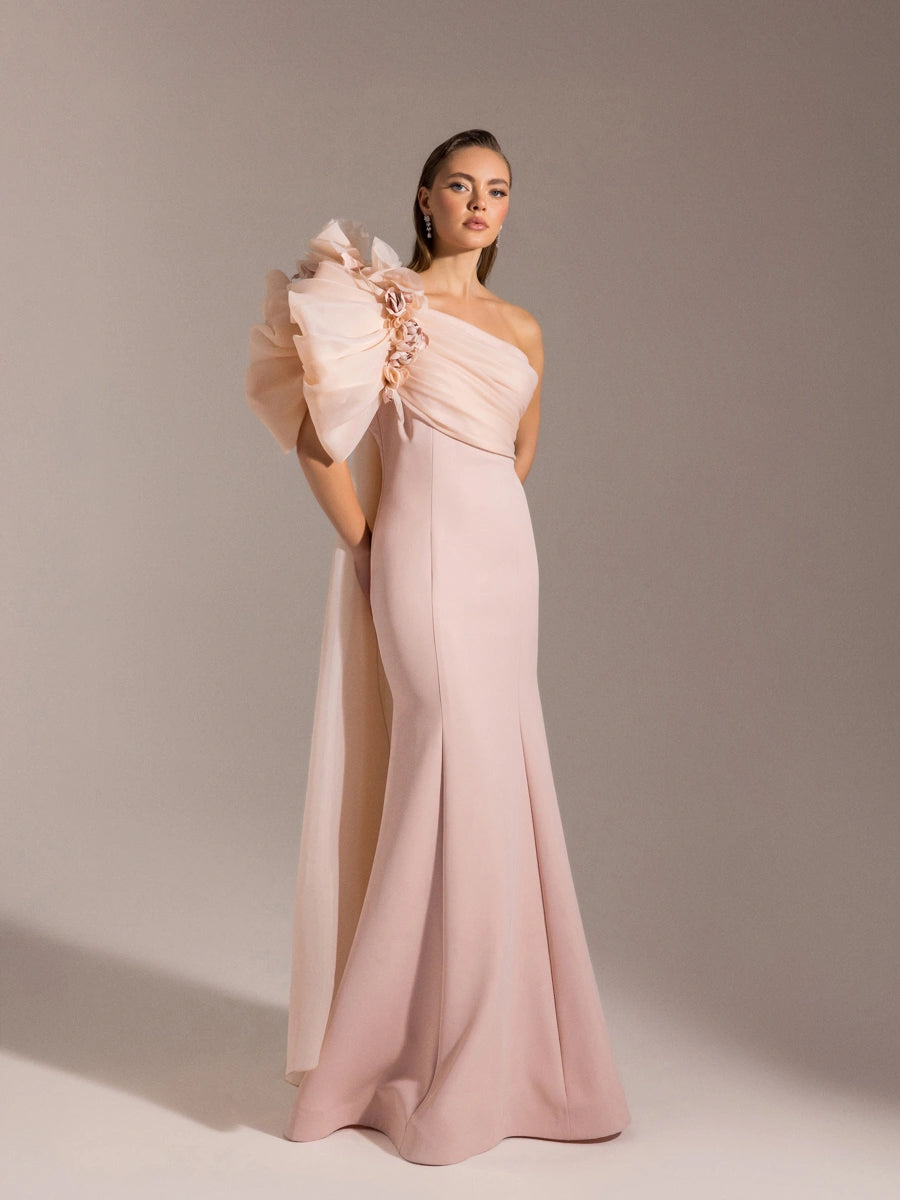 25023-Tek Omuz Çiçek Detaylı Balık Abiye Elbise