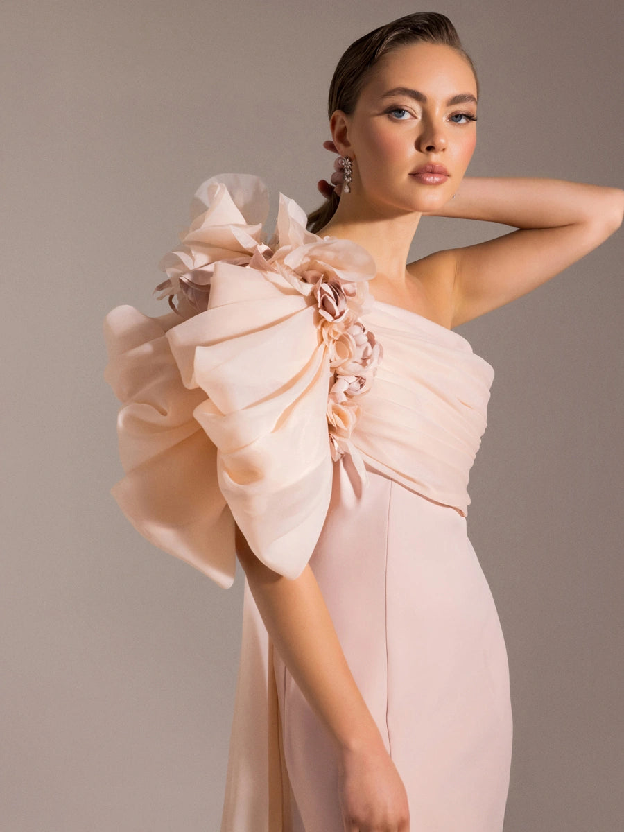 25023-Tek Omuz Çiçek Detaylı Balık Abiye Elbise