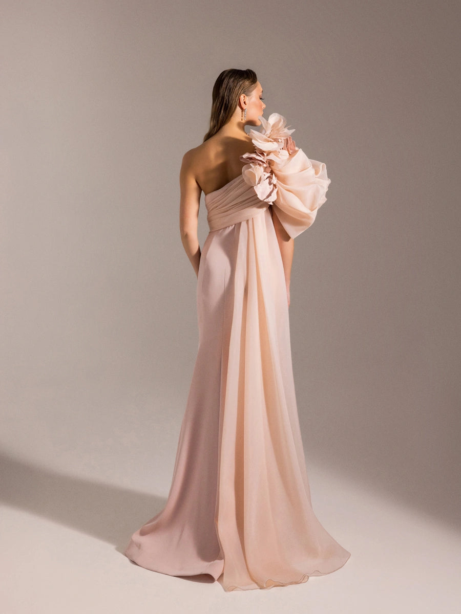 25023-Tek Omuz Çiçek Detaylı Balık Abiye Elbise