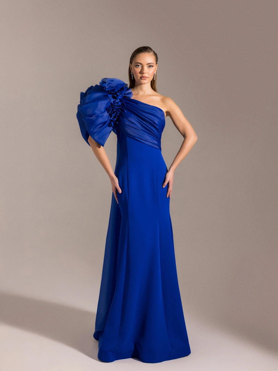 25023-Tek Omuz Çiçek Detaylı Balık Abiye Elbise