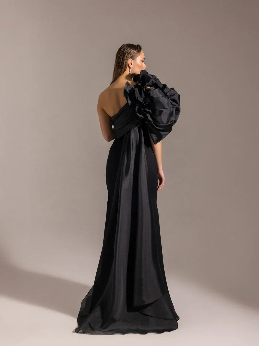 25023-Tek Omuz Çiçek Detaylı Balık Abiye Elbise - Kenzel