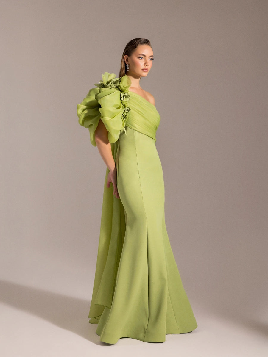 25023-Tek Omuz Çiçek Detaylı Balık Abiye Elbise