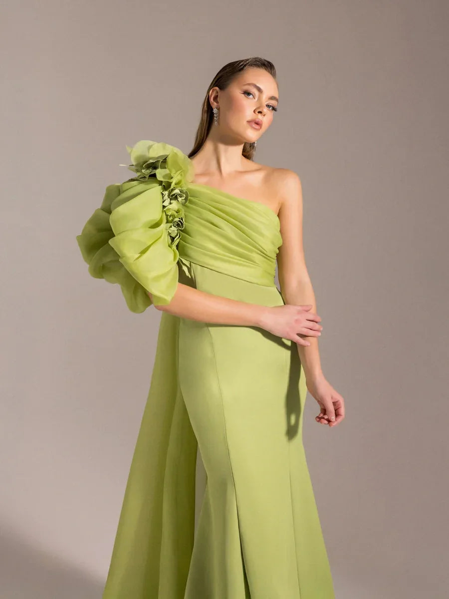 25023-Tek Omuz Çiçek Detaylı Balık Abiye Elbise - Kenzel