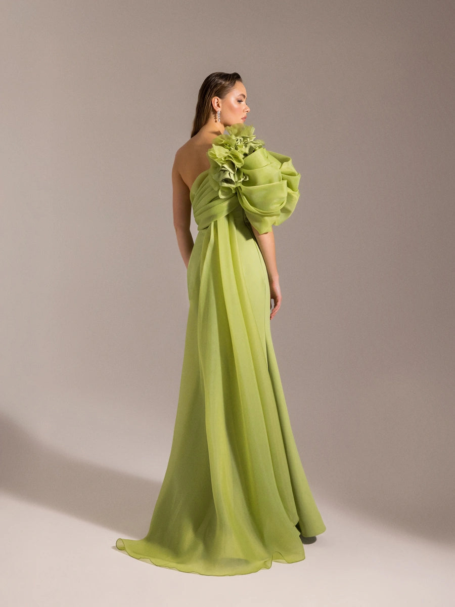 25023-Tek Omuz Çiçek Detaylı Balık Abiye Elbise