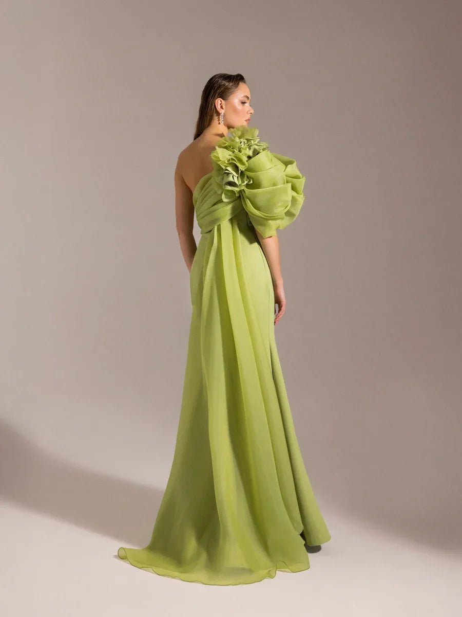 25023-Tek Omuz Çiçek Detaylı Balık Abiye Elbise - Kenzel