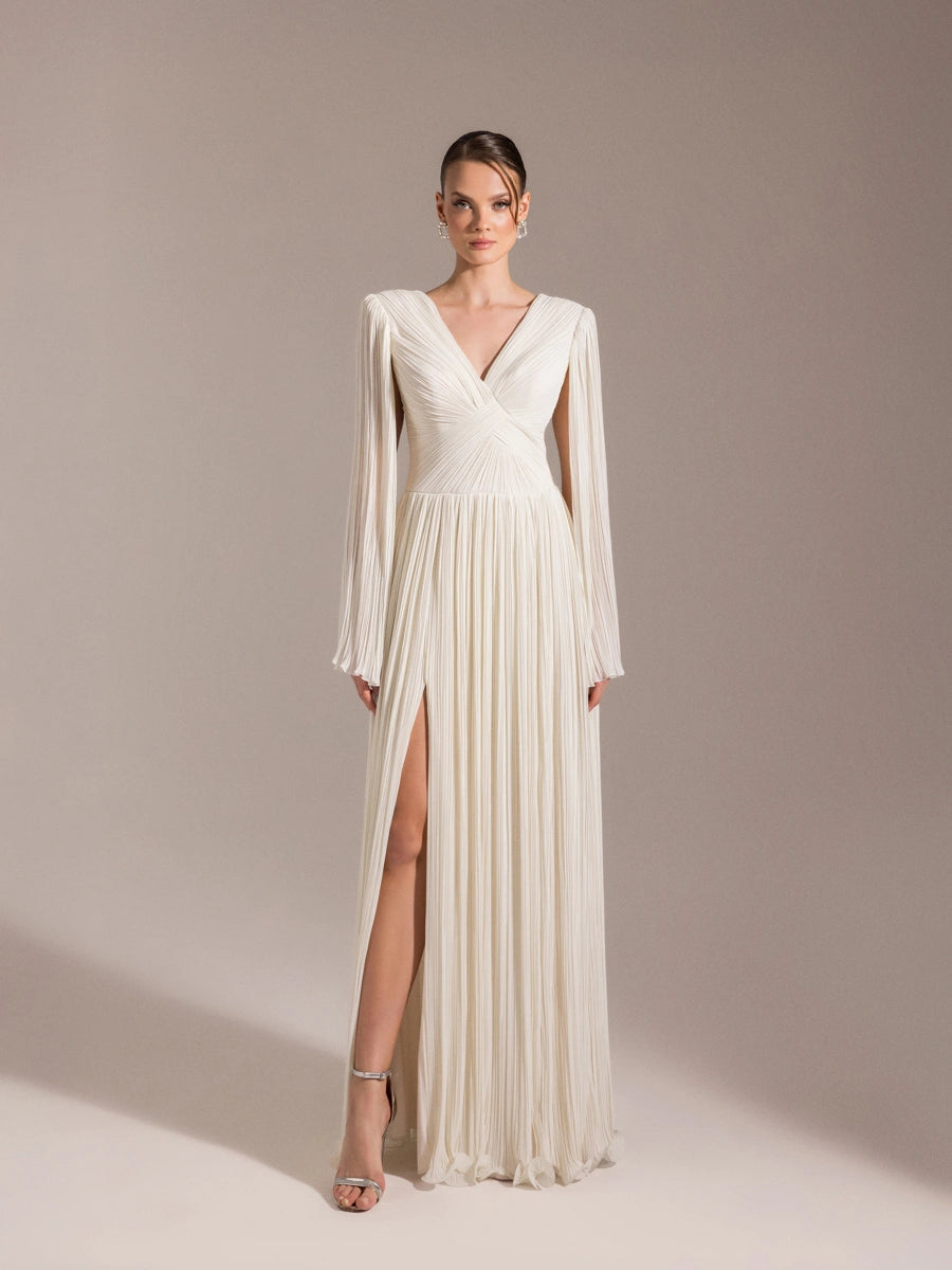 25024-Uzun Kol Kloş Abiye Elbise