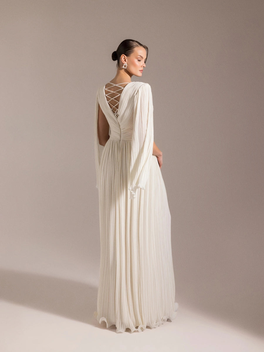 25024-Uzun Kol Kloş Abiye Elbise