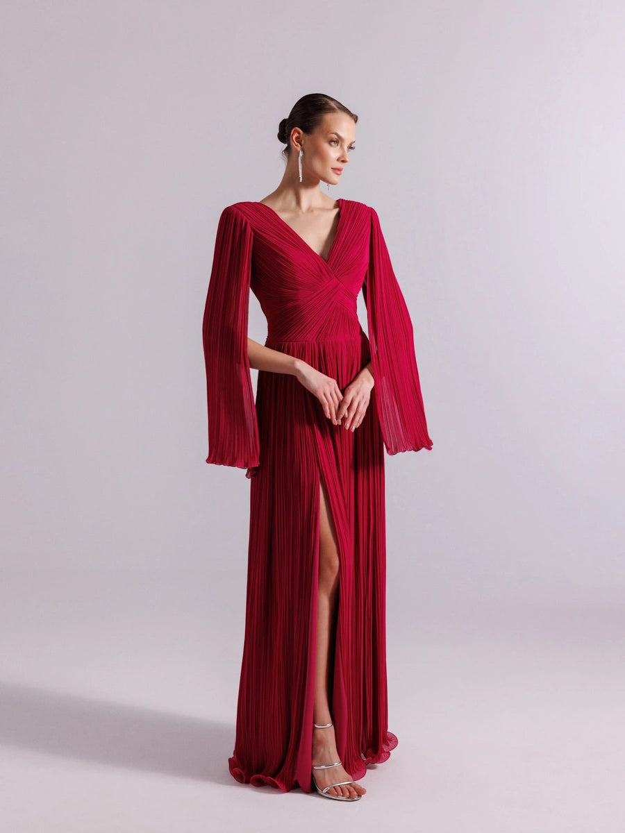 25024-Uzun Kol Kloş Abiye Elbise