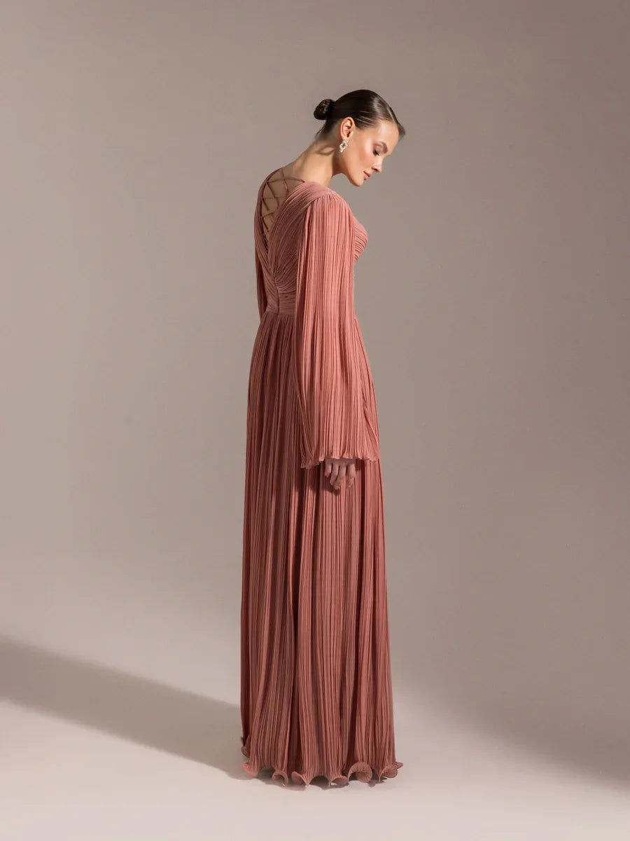 25024-Uzun Kol Kloş Abiye Elbise - Kenzel