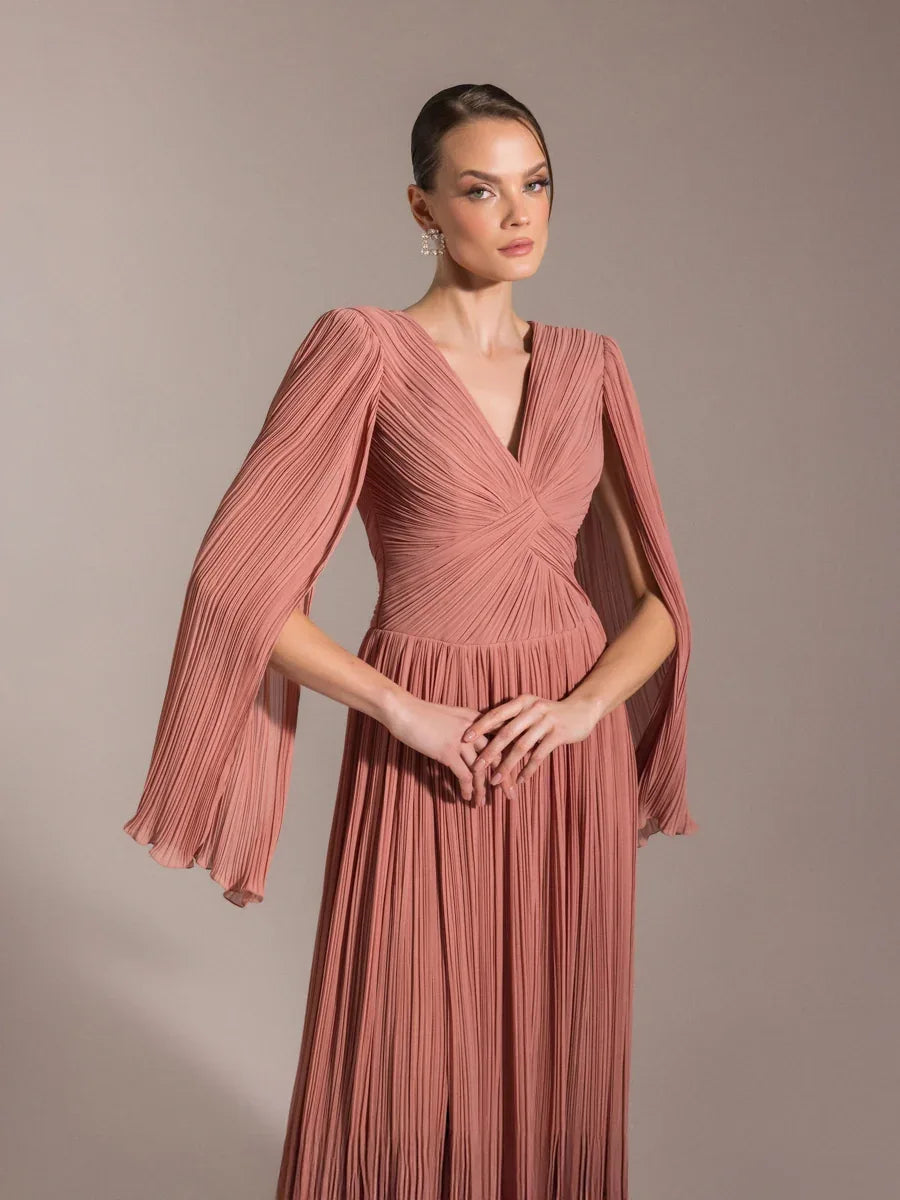 25024-Uzun Kol Kloş Abiye Elbise - Kenzel