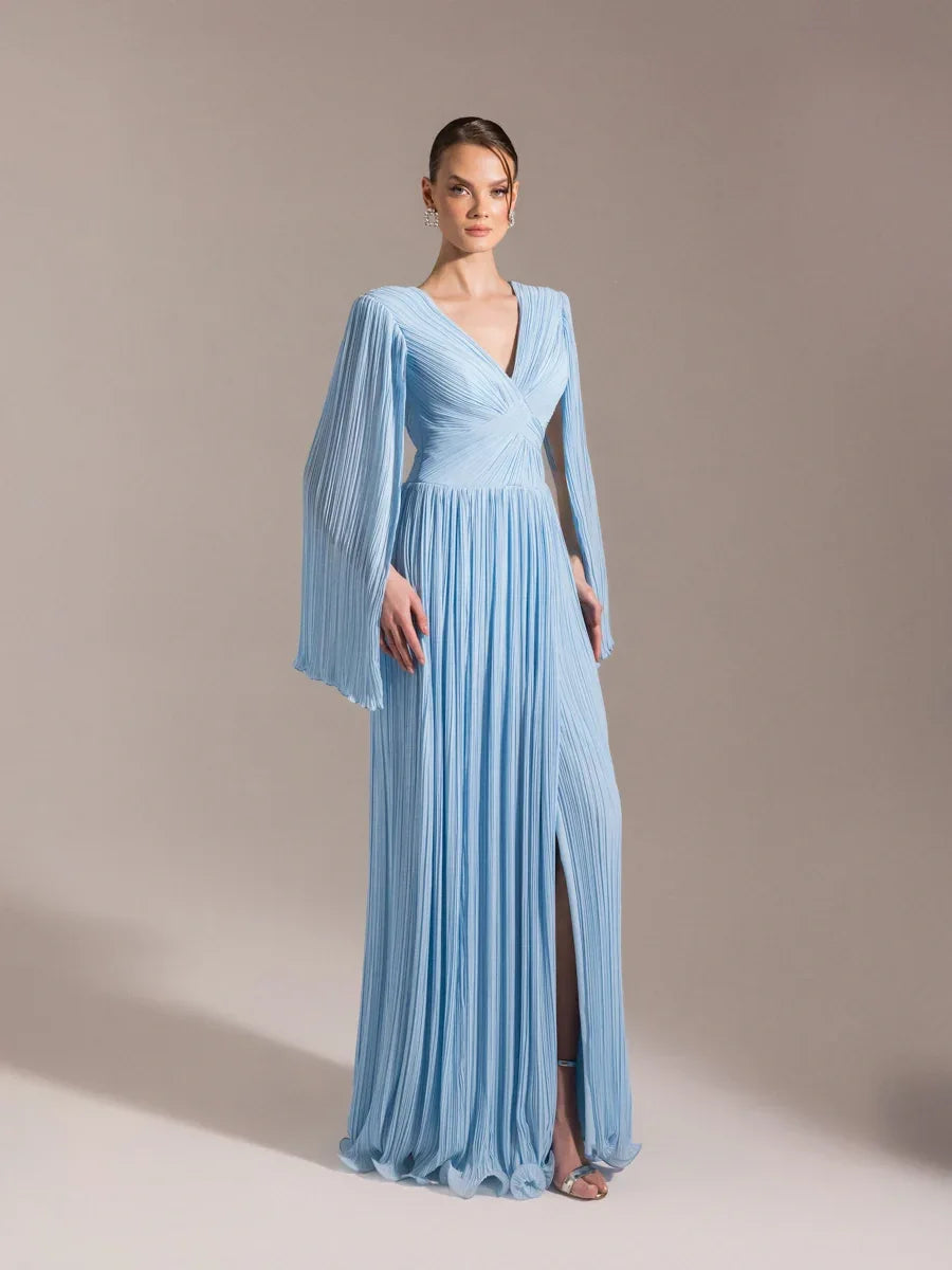 25024-Uzun Kol Kloş Abiye Elbise - Kenzel