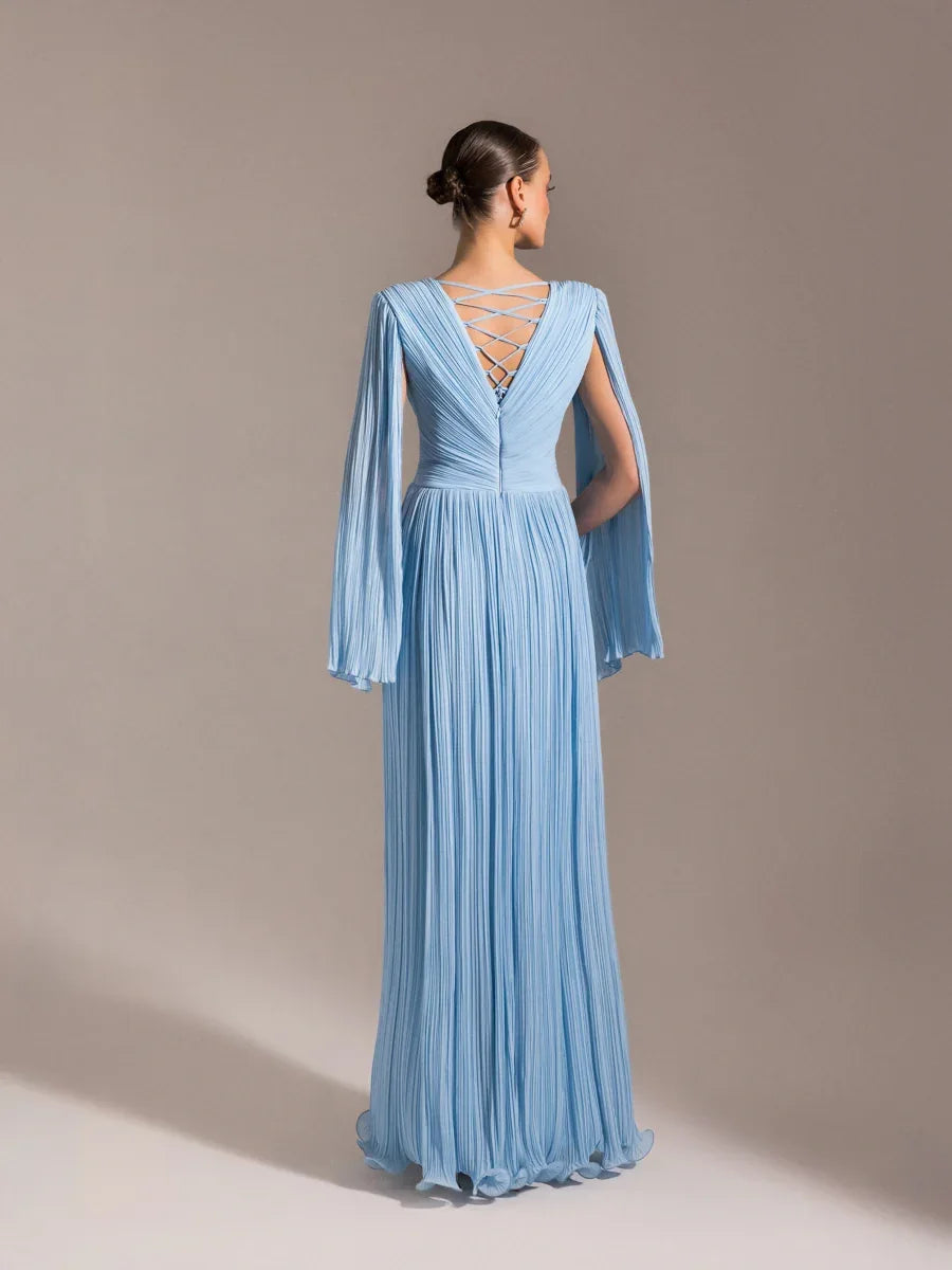 25024-Uzun Kol Kloş Abiye Elbise - Kenzel