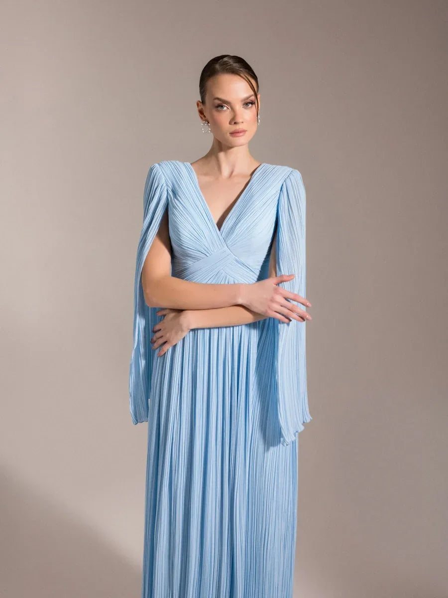 25024-Uzun Kol Kloş Abiye Elbise - Kenzel