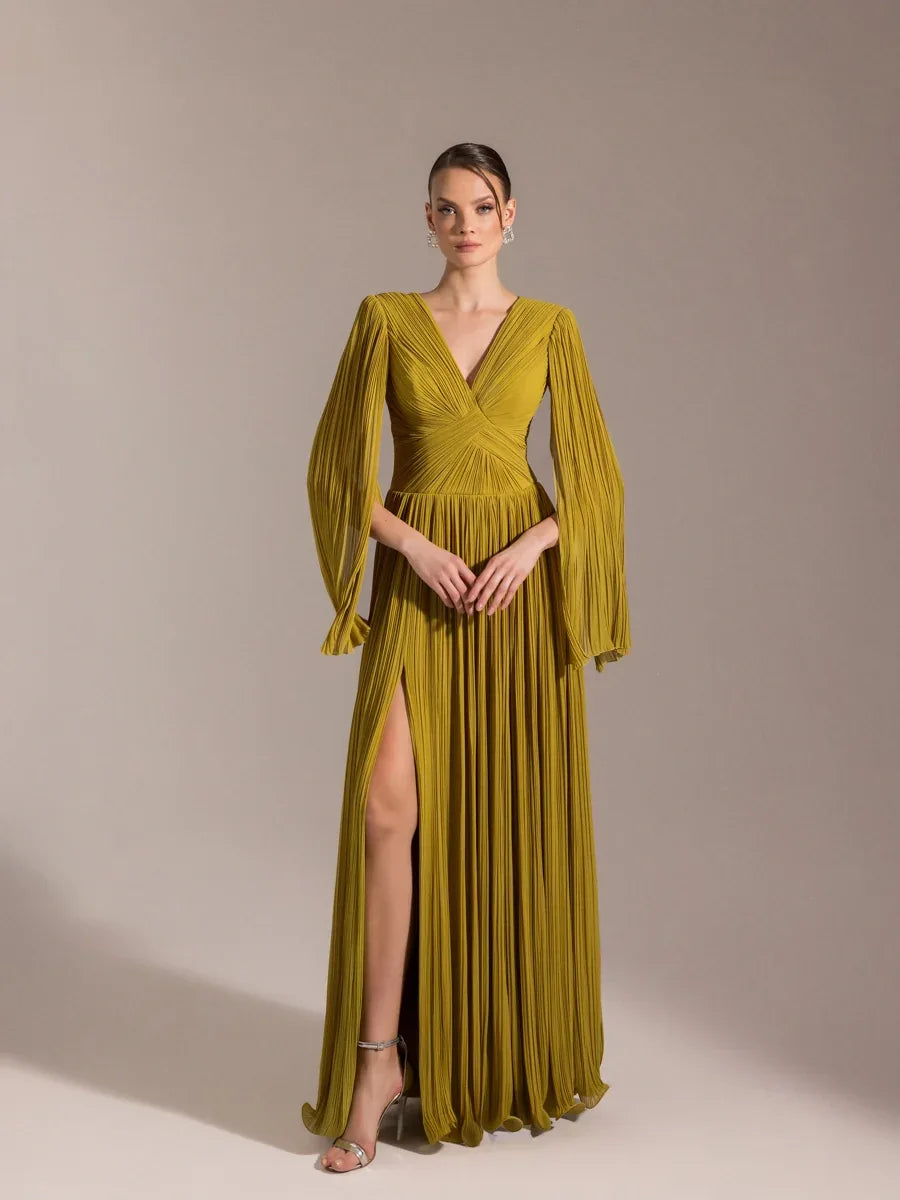 25024-Uzun Kol Kloş Abiye Elbise - Kenzel