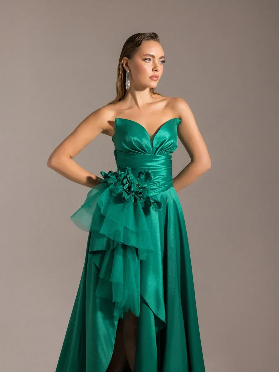 25027-Beli Çiçek Detaylı Dokuma Prenses Elbise - Kenzel