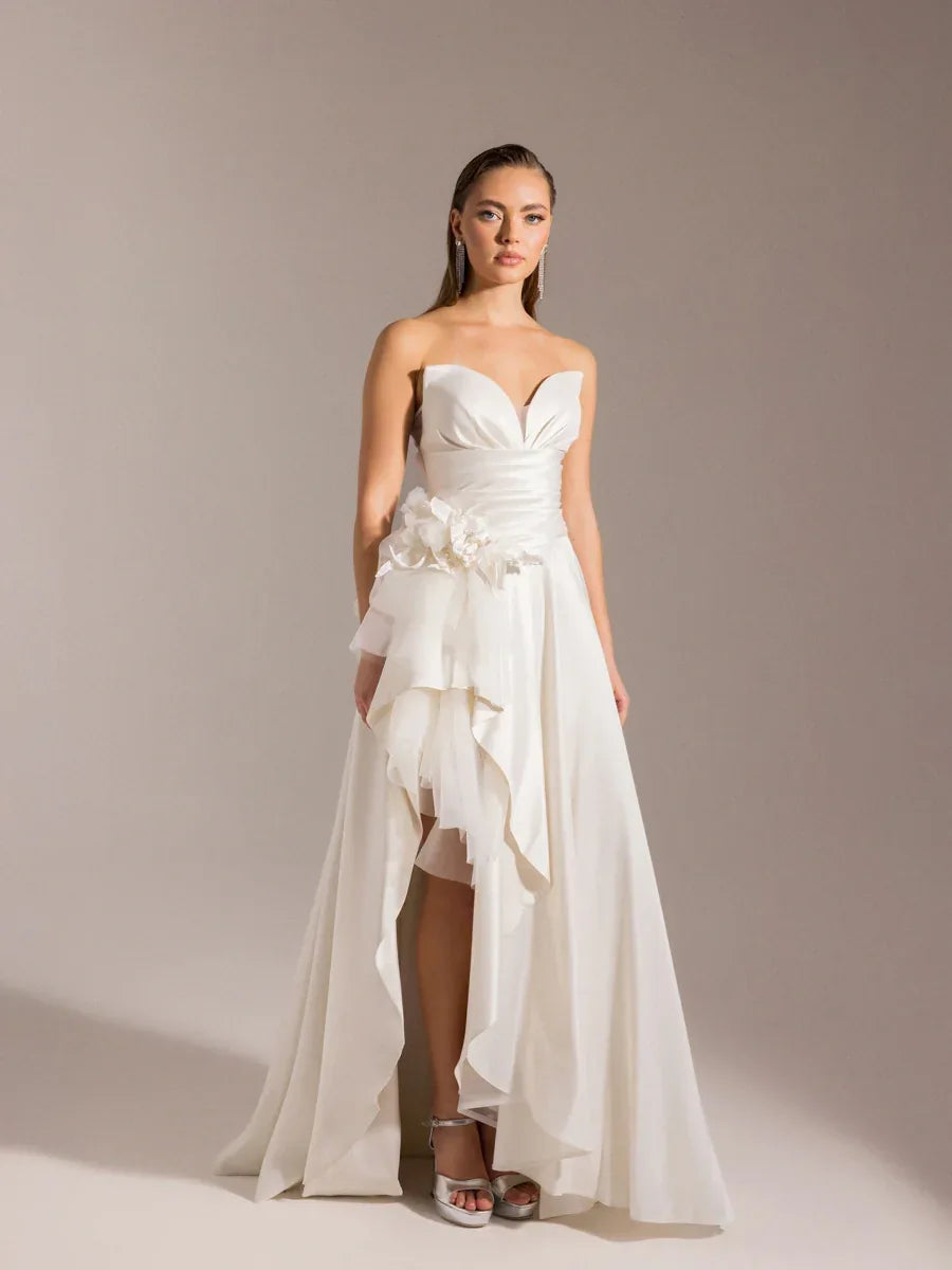 25027-Beli Çiçek Detaylı Dokuma Prenses Elbise - Kenzel