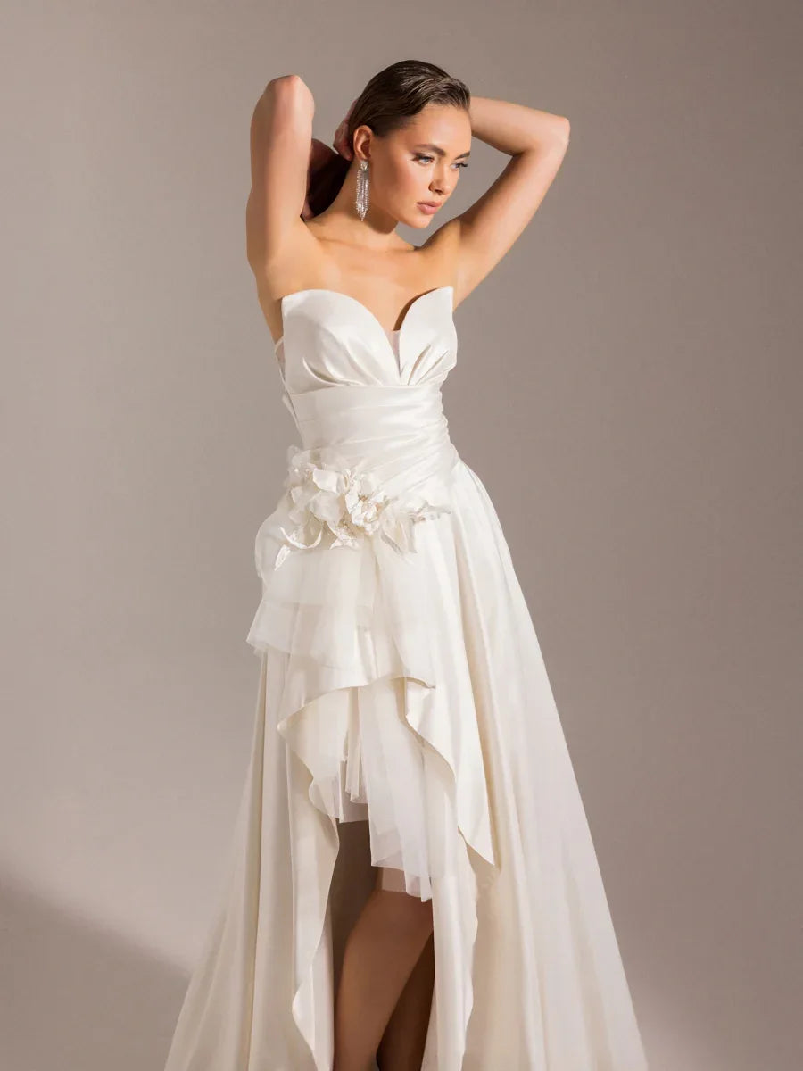 25027-Beli Çiçek Detaylı Dokuma Prenses Elbise - Kenzel