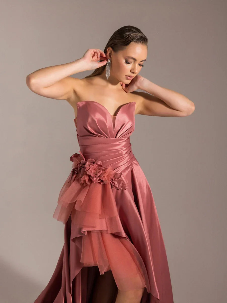 25027-Beli Çiçek Detaylı Dokuma Prenses Elbise - Kenzel