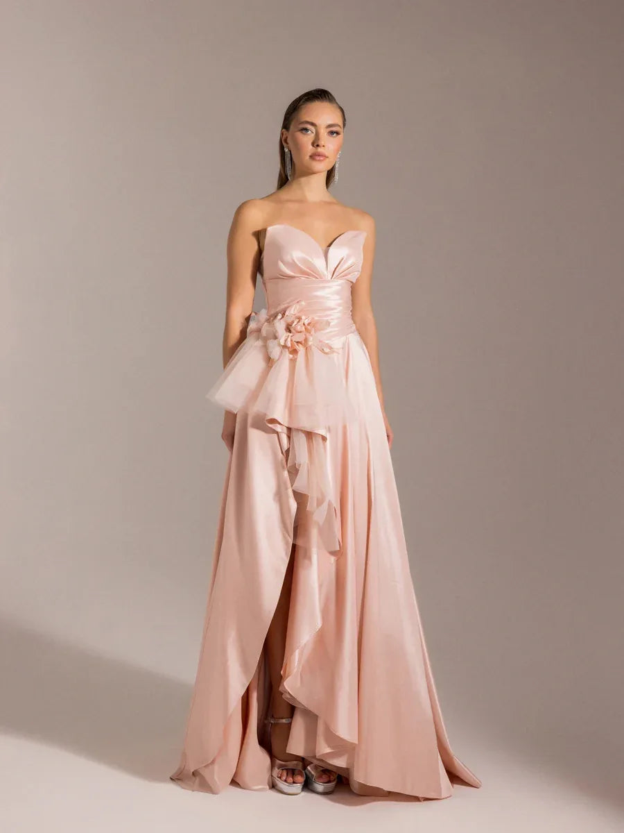 25027-Beli Çiçek Detaylı Dokuma Prenses Elbise - Kenzel