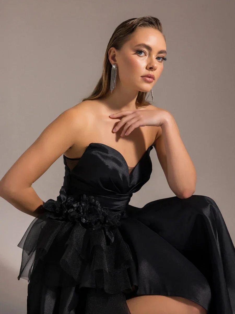 25027-Beli Çiçek Detaylı Dokuma Prenses Elbise - Kenzel