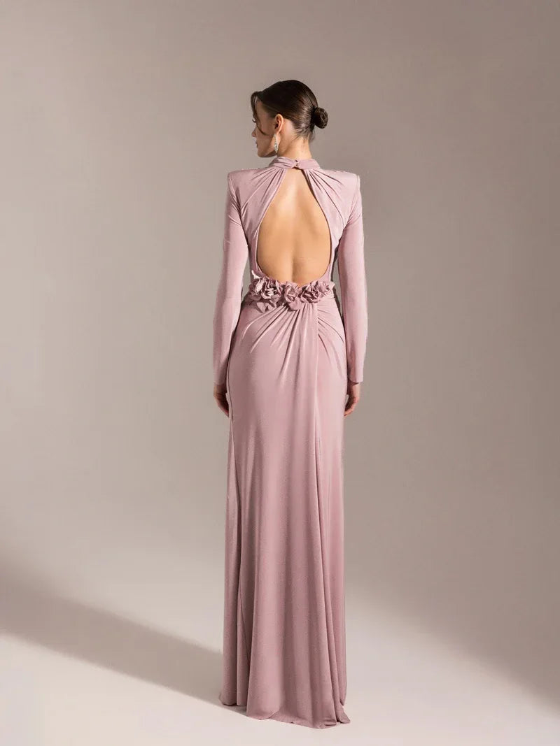 25028-Çiçek Detaylı Yırtmaçlı Abiye Elbise - Kenzel