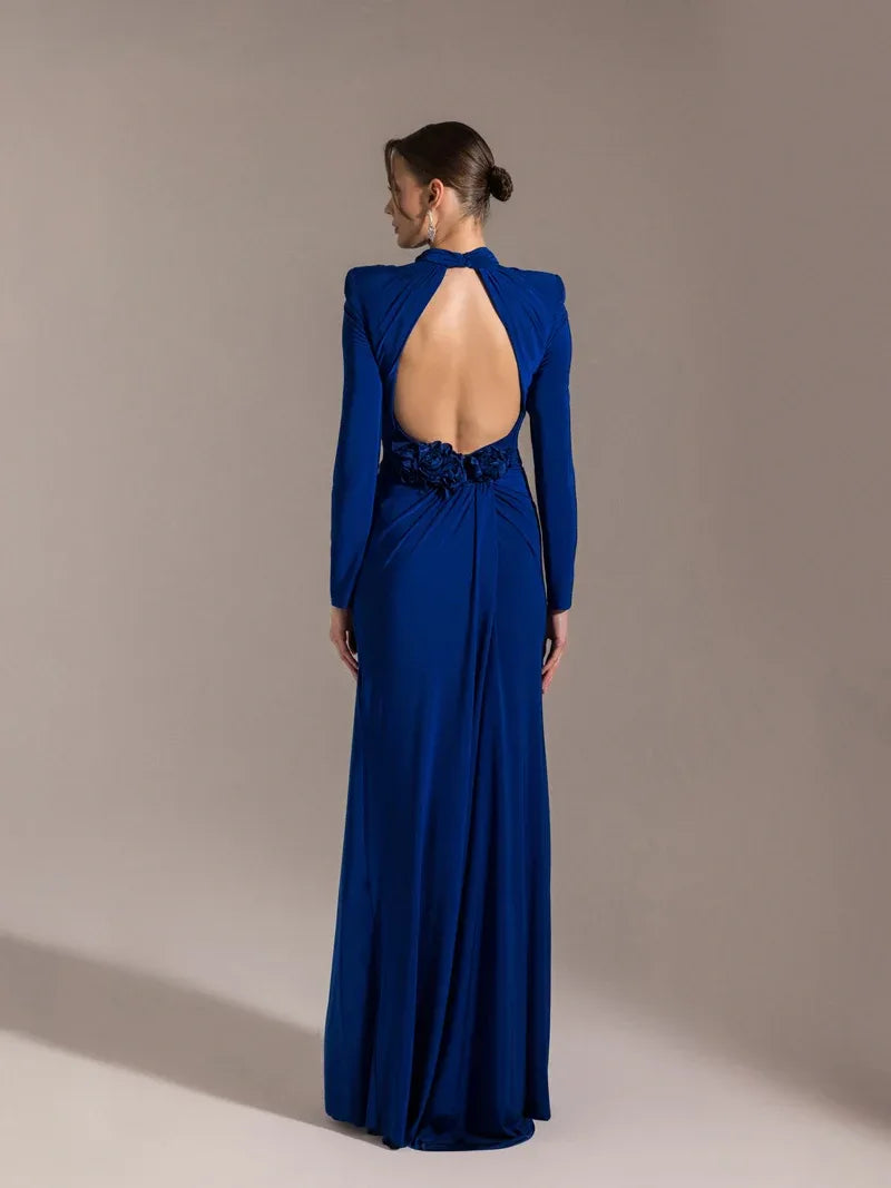 25028-Çiçek Detaylı Yırtmaçlı Abiye Elbise - Kenzel