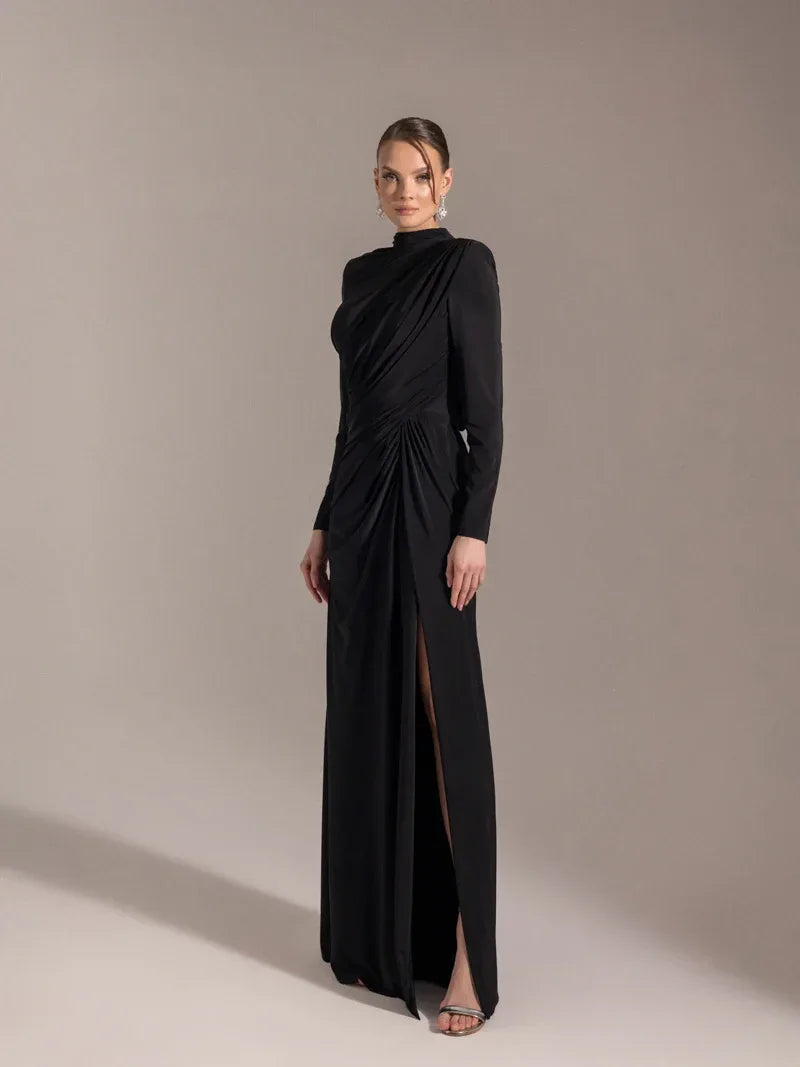 25028-Çiçek Detaylı Yırtmaçlı Abiye Elbise - Kenzel