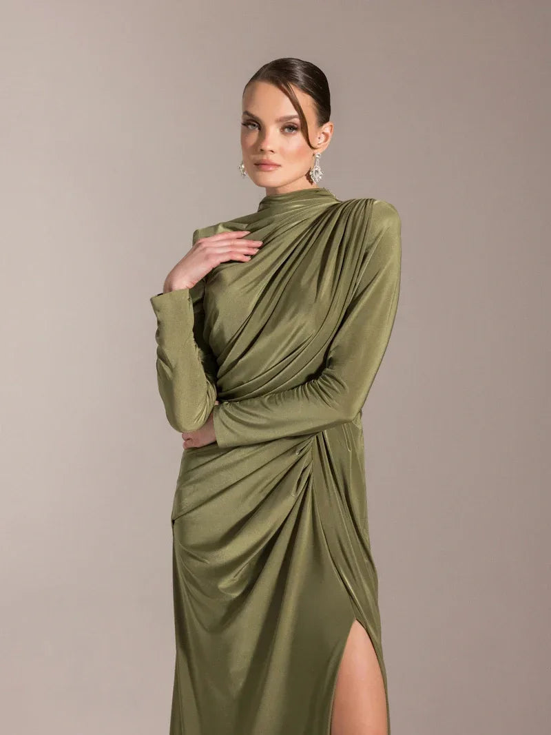 25028-Çiçek Detaylı Yırtmaçlı Abiye Elbise - Kenzel