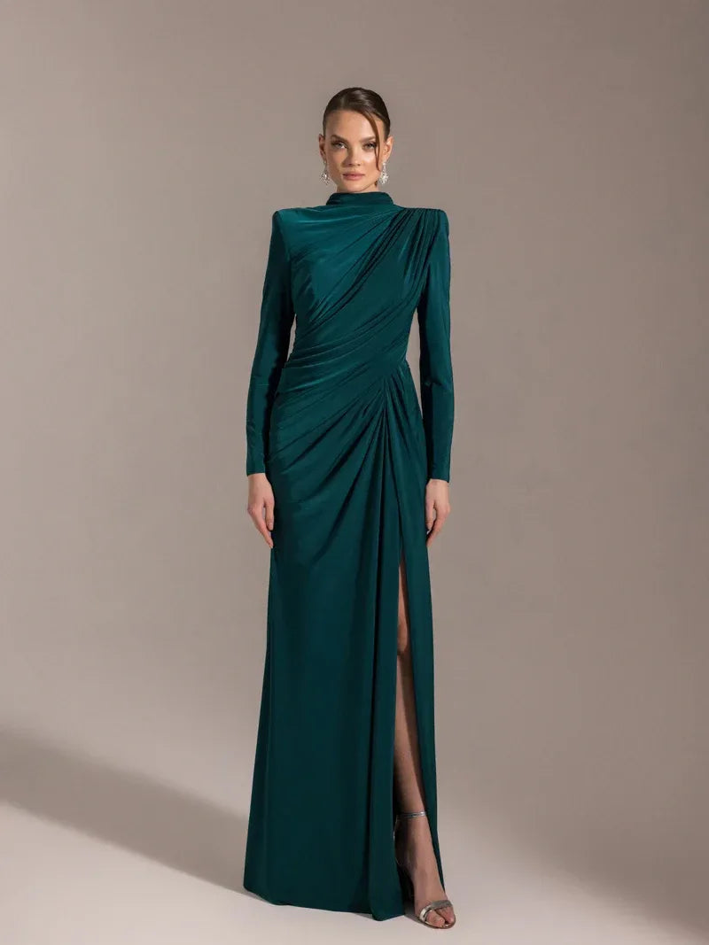 25028-Çiçek Detaylı Yırtmaçlı Abiye Elbise - Kenzel