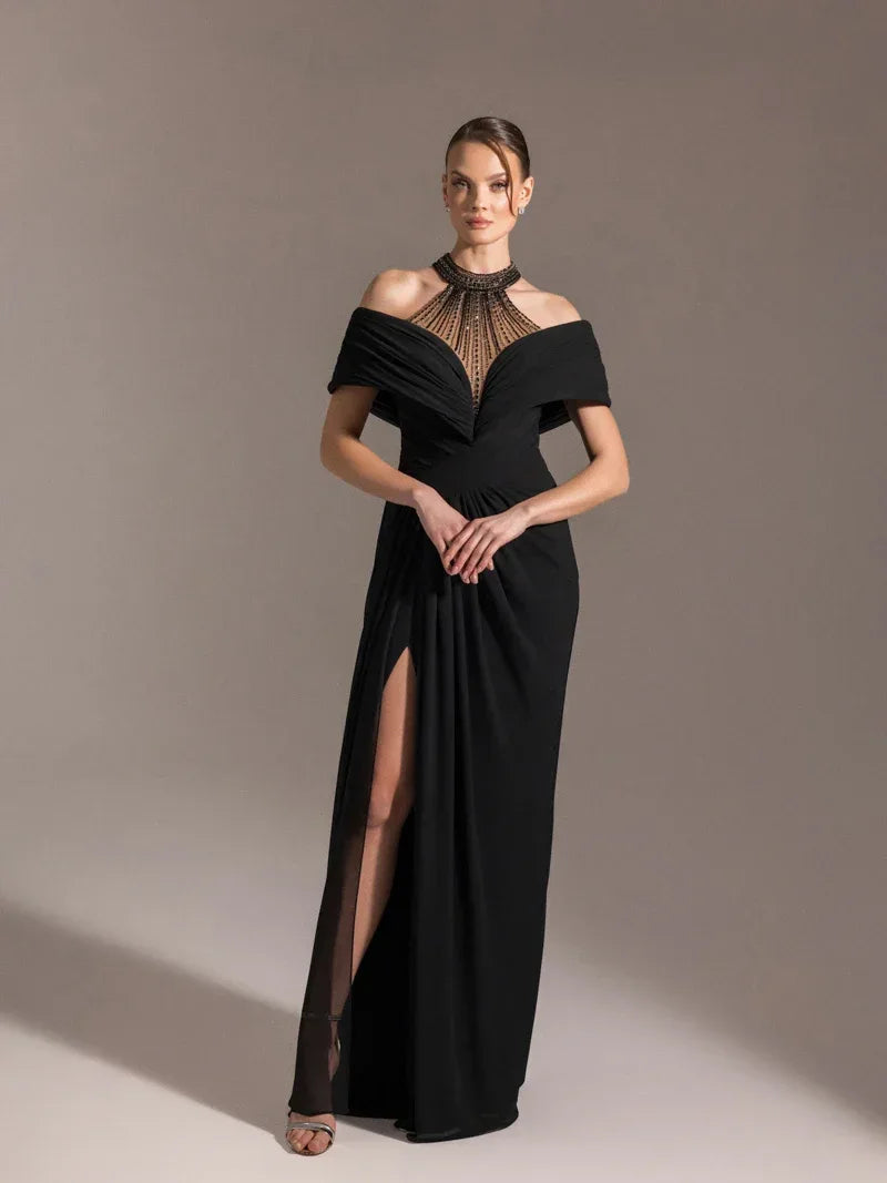 25031-Hakim Yaka Dekolte Detaylı Drapeli Yırtmaçlı Elbise - Kenzel