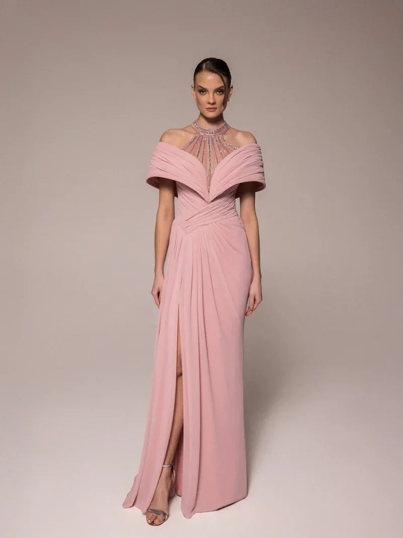 25031-Hakim Yaka Dekolte Detaylı Drapeli Yırtmaçlı Elbise - Kenzel