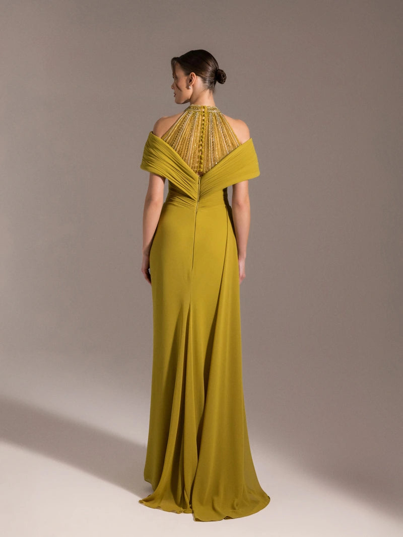 25031-Hakim Yaka Dekolte Detaylı Drapeli Yırtmaçlı Elbise