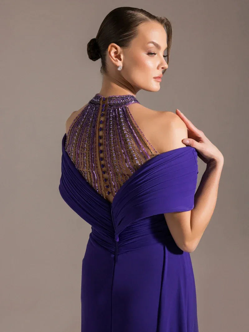 25031-Hakim Yaka Dekolte Detaylı Drapeli Yırtmaçlı Elbise - Kenzel