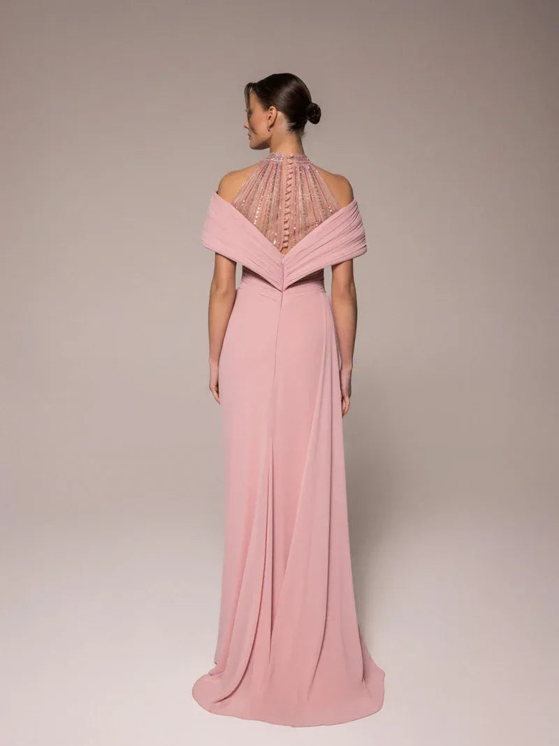 25031-Hakim Yaka Dekolte Detaylı Drapeli Yırtmaçlı Elbise - Kenzel