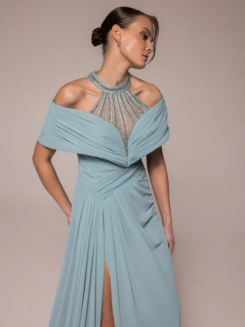 25031-Hakim Yaka Dekolte Detaylı Drapeli Yırtmaçlı Elbise - Kenzel