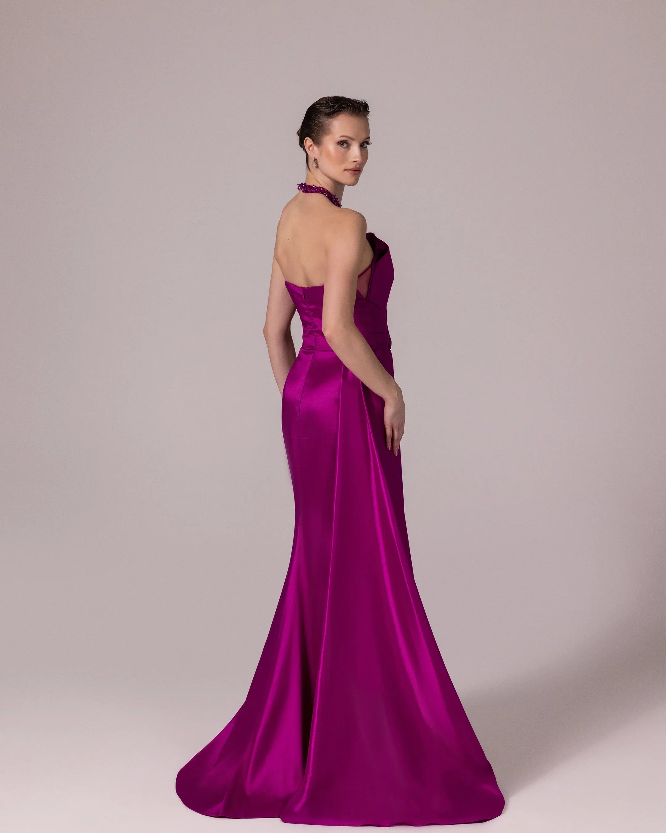 A25032-Stone Embellished Halter Neck Draped Evening Dress