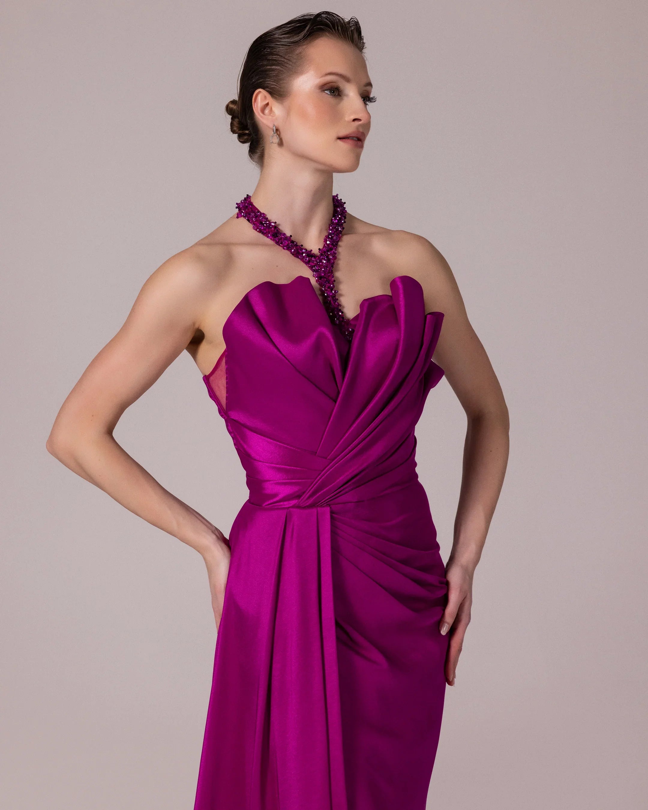 A25032-Stone Embellished Halter Neck Draped Evening Dress
