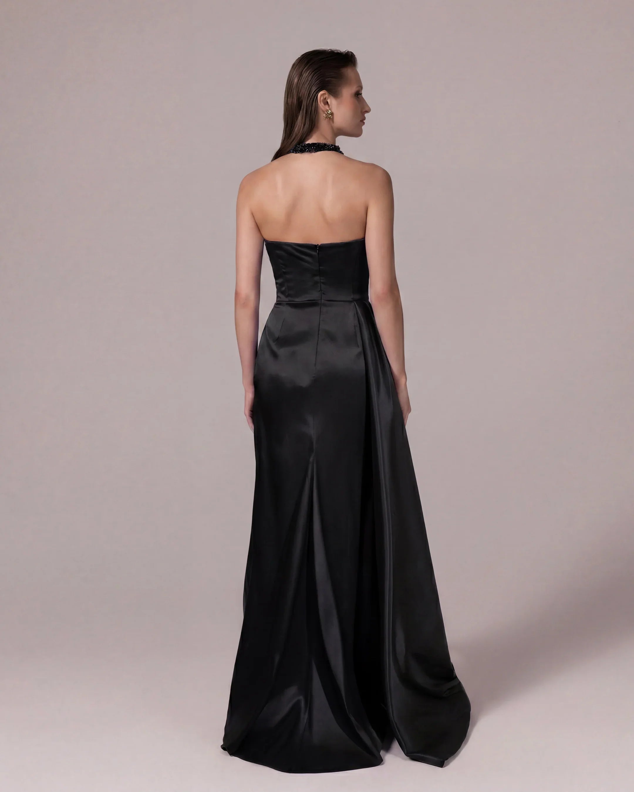 A25032-Stone Embellished Halter Neck Draped Evening Dress