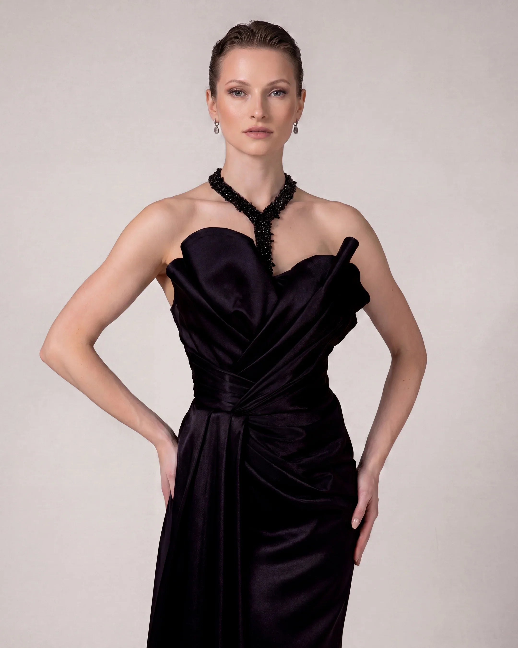 A25032-Stone Embellished Halter Neck Draped Evening Dress