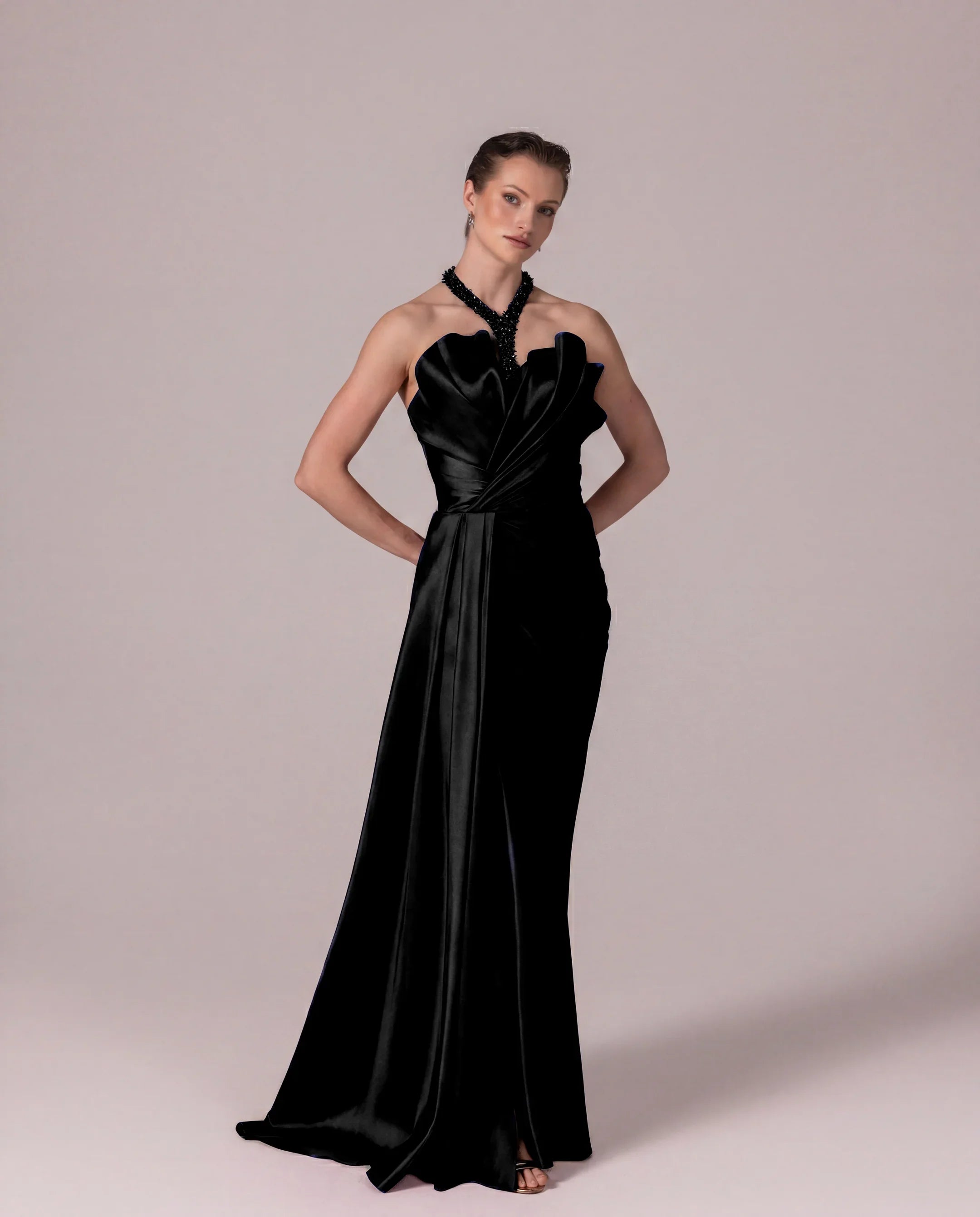 A25032-Stone Embellished Halter Neck Draped Evening Dress