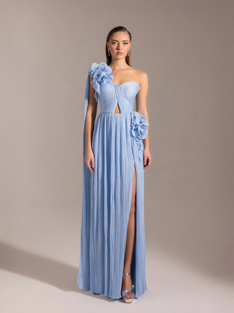 25039-Straplez Tek Omuz Detaylı Piliseli Kloş Abiye Elbise