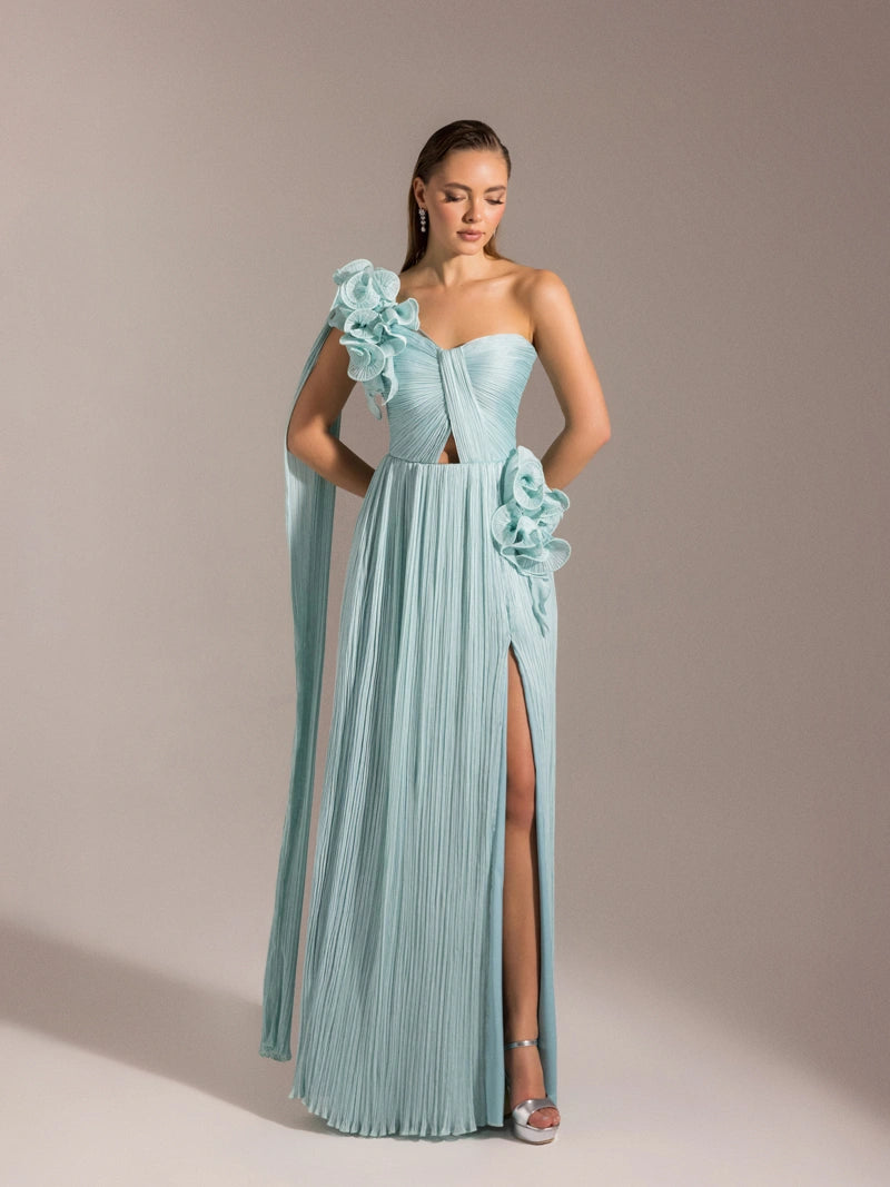 Su yeşili rengi Straplez Tek Omuz Detaylı Piliseli Kloş Abiye Elbise Ön