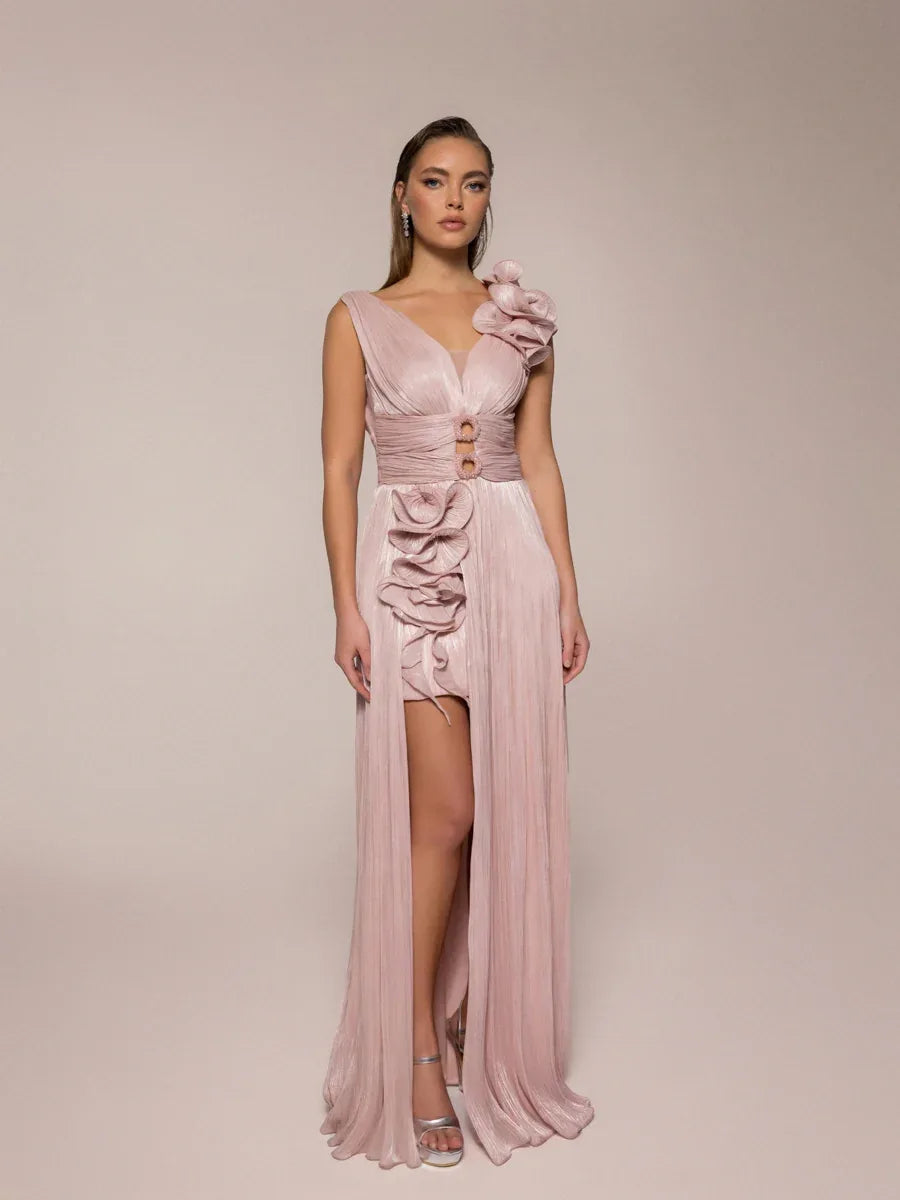 25040-V Yaka Aksesuarlı Pliseli Kloş Abiye Elbise - Kenzel