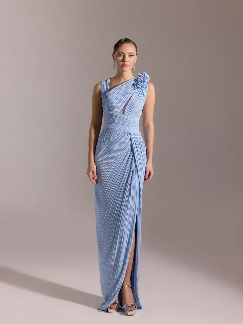 25041-Omuzu Çiçekli Piliseli Abiye Elbise - Kenzel