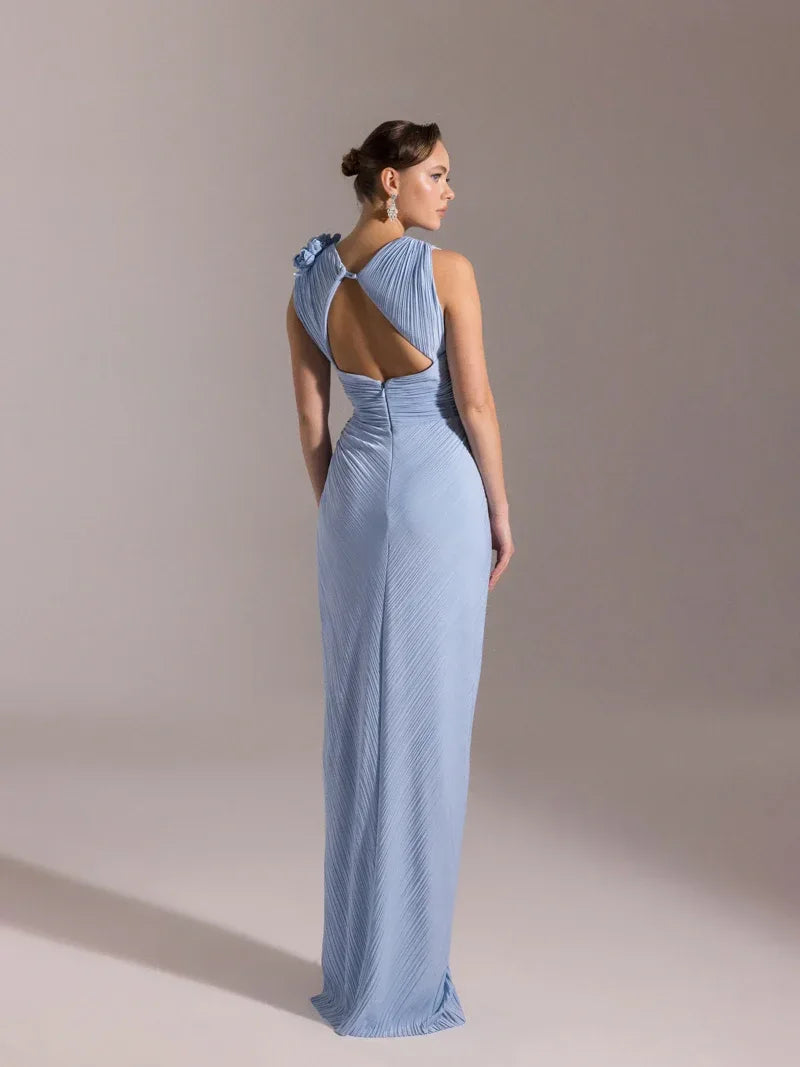 25041-Omuzu Çiçekli Piliseli Abiye Elbise - Kenzel