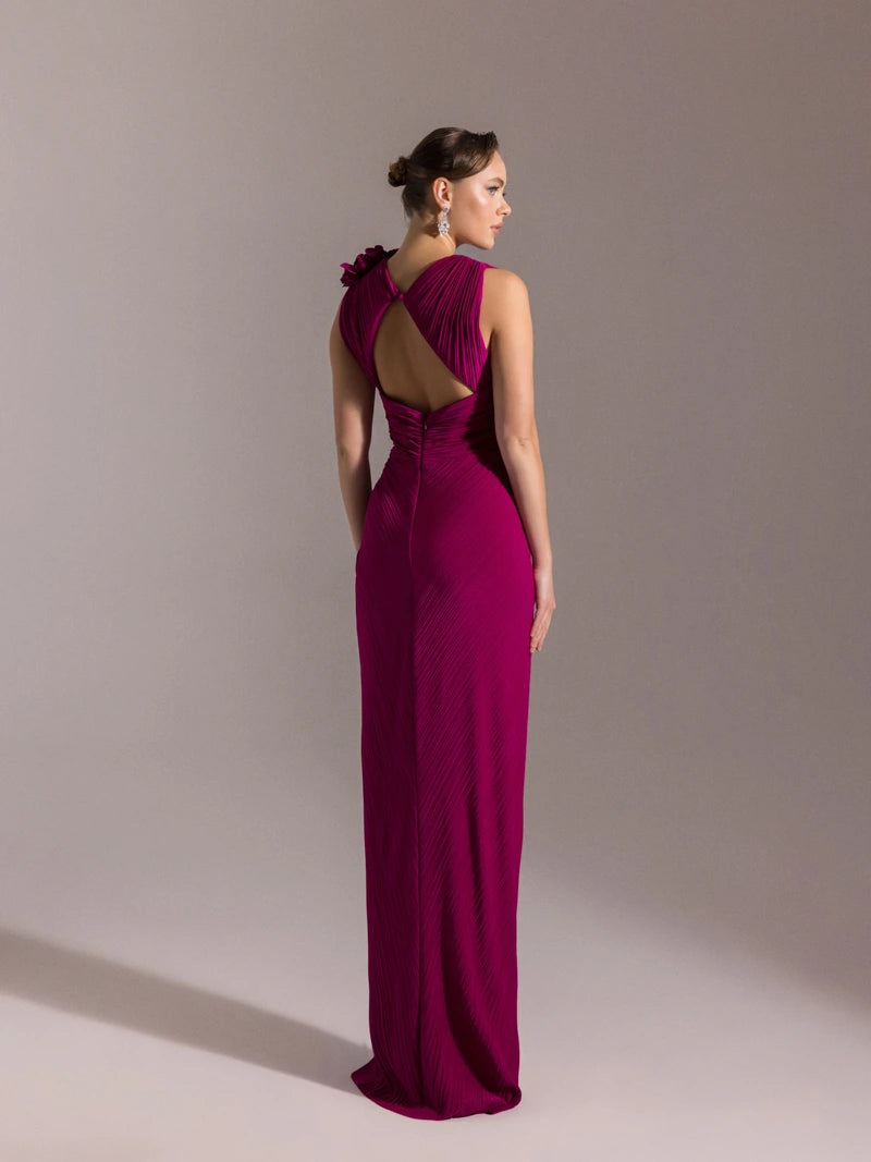 25041-Omuzu Çiçekli Piliseli Abiye Elbise