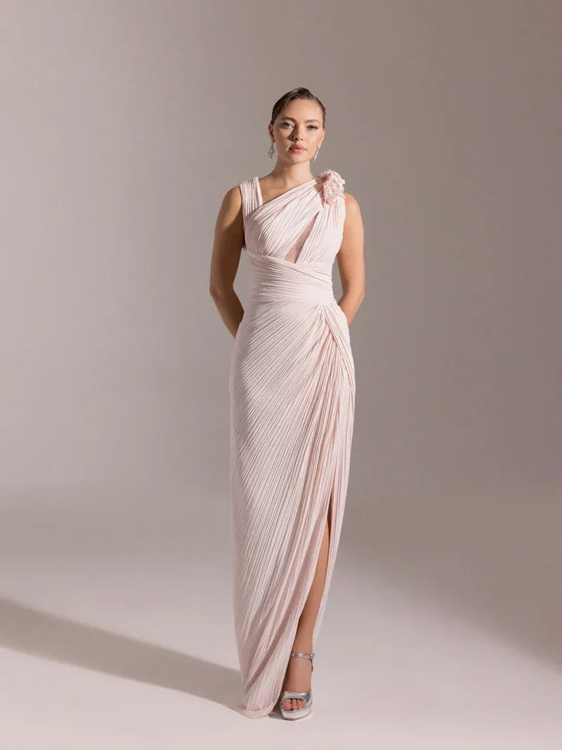 25041-Omuzu Çiçekli Piliseli Abiye Elbise - Kenzel