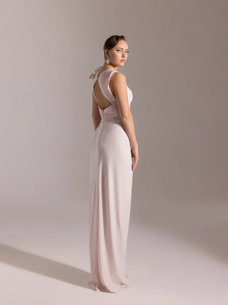 25041-Omuzu Çiçekli Piliseli Abiye Elbise - Kenzel